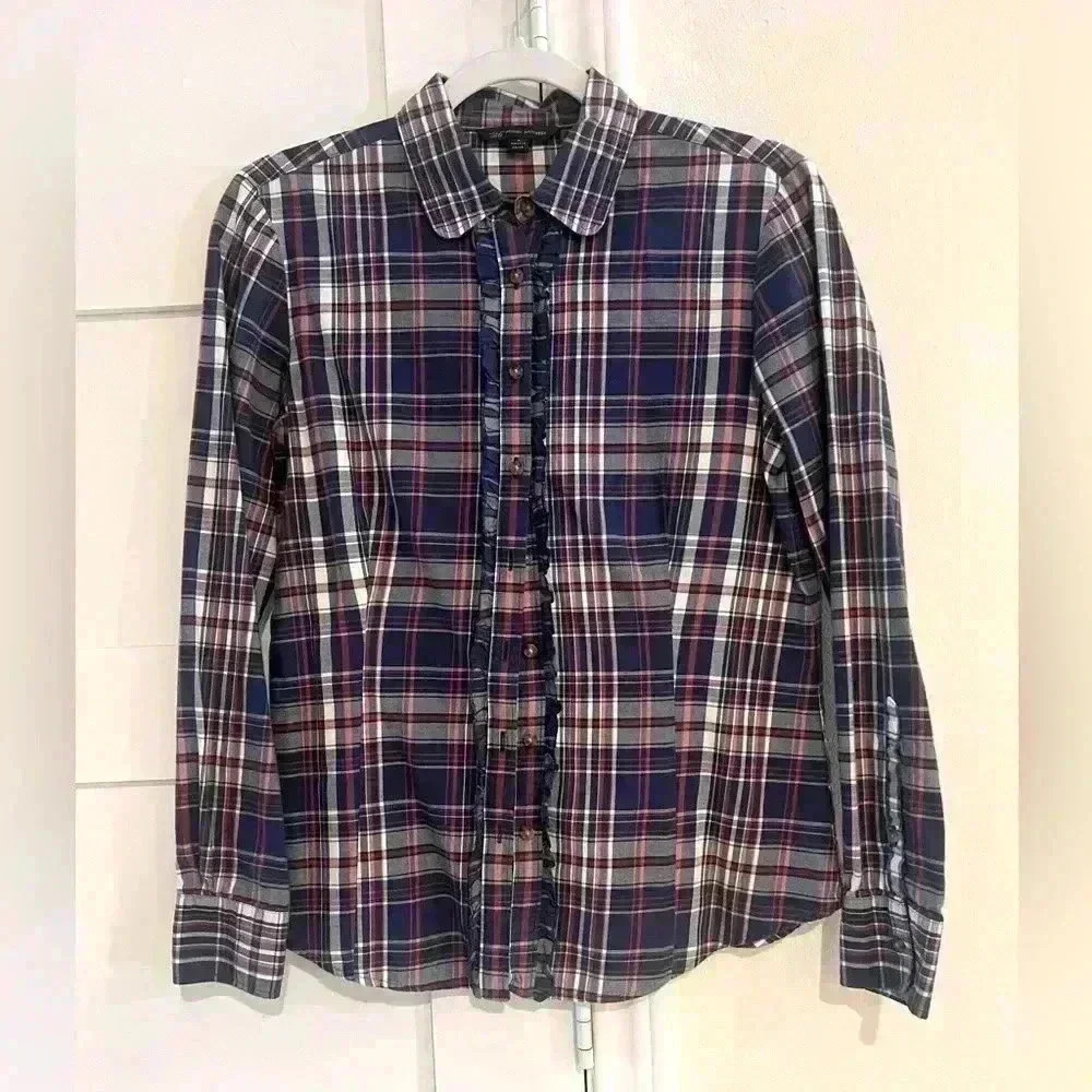 Brooks Brothers Blue and Red Striped Long Sleeve Button Down Ruffles Size 4